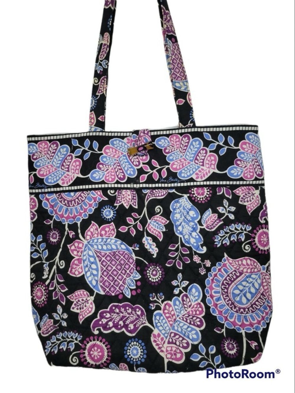 Vera Bradley Black Floral tote Handbag Checkered Inside Floral Toggle Closure